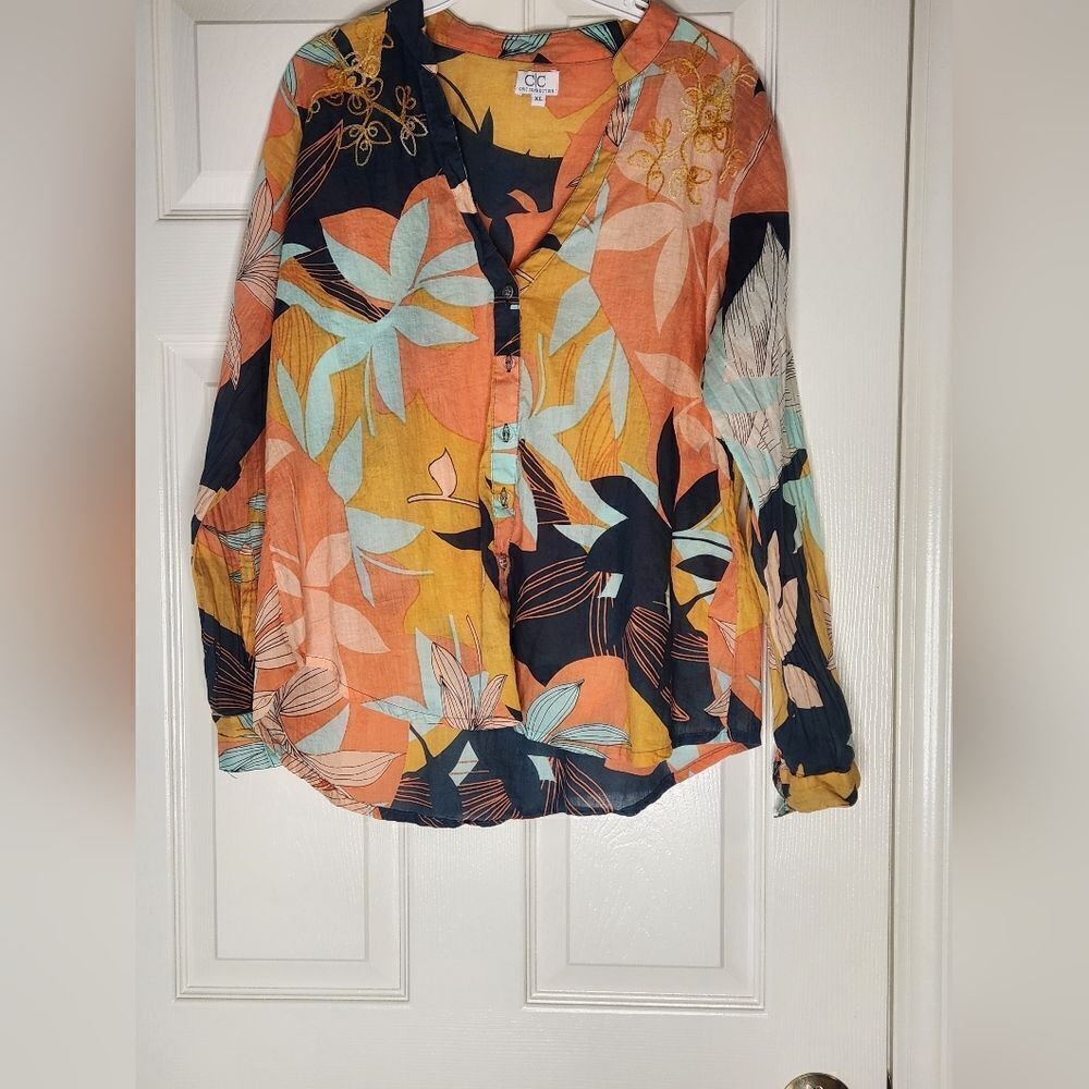 CC Chic Connection  XL Mlticlrd Embroidery Vneck 100%Cotton Lngslv Women Shirt
